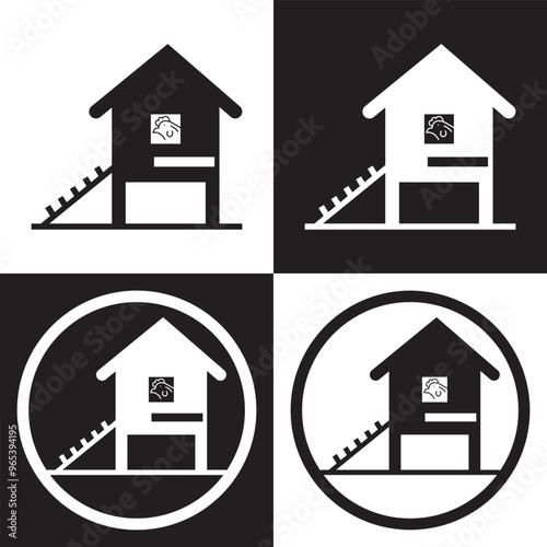 Chicken coop icon in black and white colors. Isolated on black and white background. Vector Illustration. EPS 10