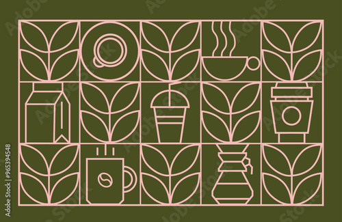 Coffee modern geometric pattern in mosaic line tiles, vector background. Coffee cup and moka pot with cappuccino and espresso, coffee beans and hot chocolate in geometric pattern 