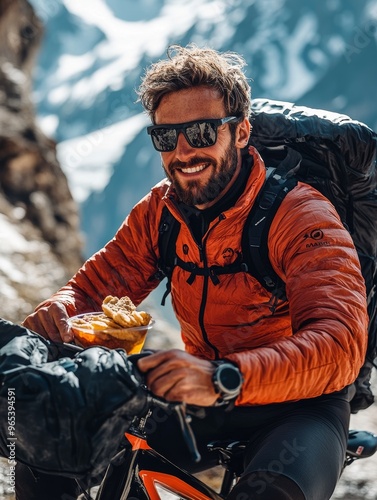 Cyclist taking a break and eating a snack on a sunny day Generative AI