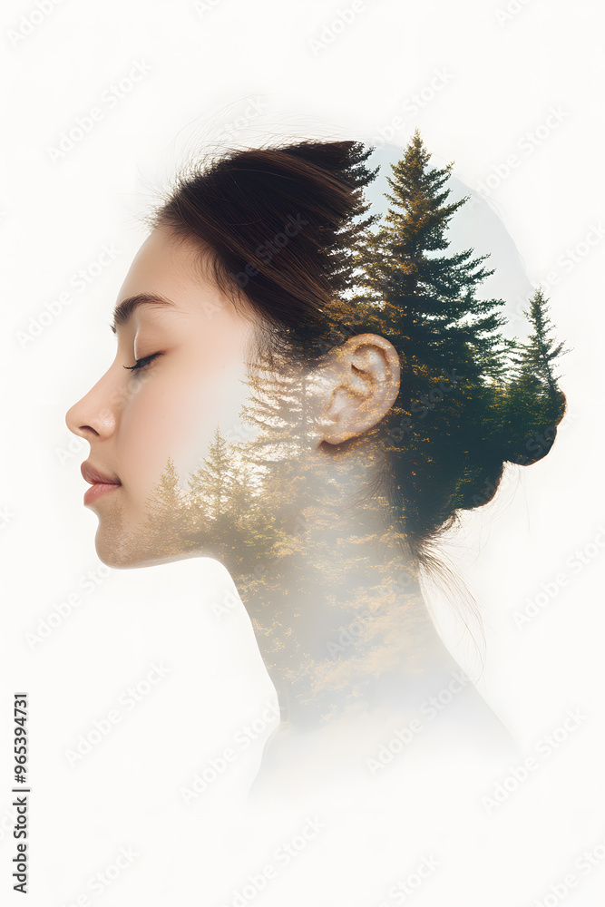 Double exposure portrait of an Asian woman and tree, isolated on a white background. Human and natural elements, eco-friendly themes and creative, nature-inspired aesthetics for a tranquil visual. Double exposure portrait of an Asian woman and tree, isolated on a white background. Human and natural elements, eco-friendly themes and creative, nature-inspired aesthetics for a tranquil visual.