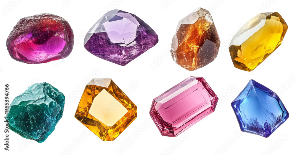 Naklejka premium Colorful Various Shiny Gems of Different Cuts and Colors on Transparent Background