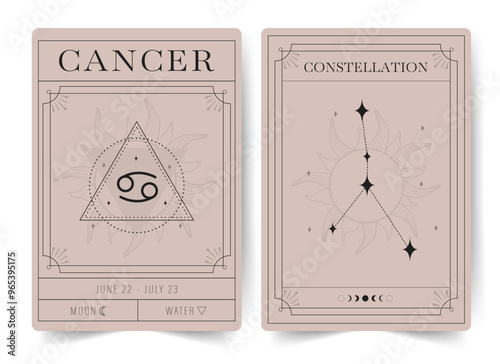 Cancer. Witchcraft cards with astrology zodiac sign and constellation. Modern boho astrology posters. Perfect for tarot readers and astrologers. Vector illustration.