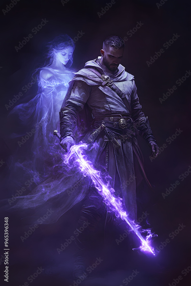 A strong looking mage in his thirties with a short beard, wielding a short sword glowing with dark purple energy A strong looking mage in his thirties with a short beard, wielding a short sword glowing with dark purple energy