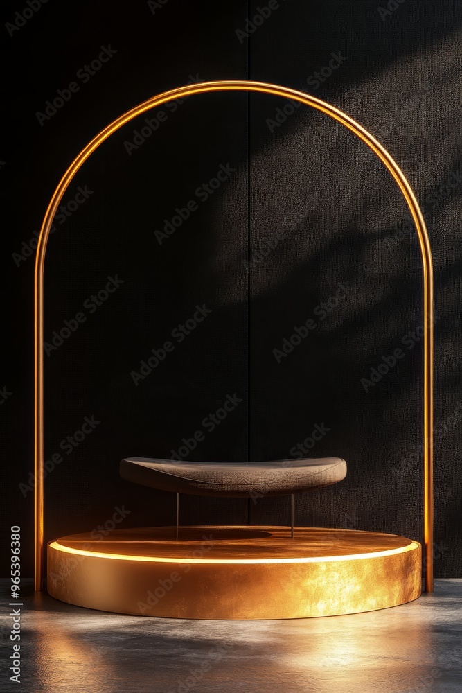 An empty orange circular podium platform is showcased with a sleek circular arch on a black background, ideal for product display presentations in a minimalistic style An empty orange circular podium platform is showcased with a sleek circular arch on a black background, ideal for product display presentations in a minimalistic style
