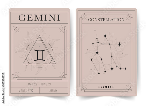 Gemini. Witchcraft cards with astrology zodiac sign and constellation. Modern boho astrology posters. Perfect for tarot readers and astrologers. Vector illustration.