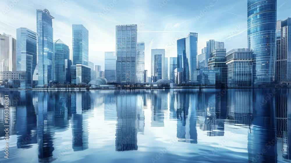 Futuristic Cityscape with Skyscrapers Reflected on Water in 4K Futuristic Cityscape with Skyscrapers Reflected on Water in 4K