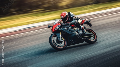 A high-speed sportbike racing down a track, with motion blur highlighting the speed and intensity.