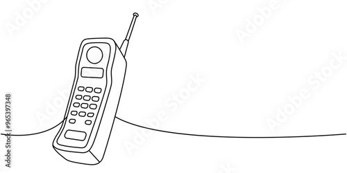 Old mobile phone from the 90s one line continuous drawing. Retro communication gadgets. Vector linear illustration.