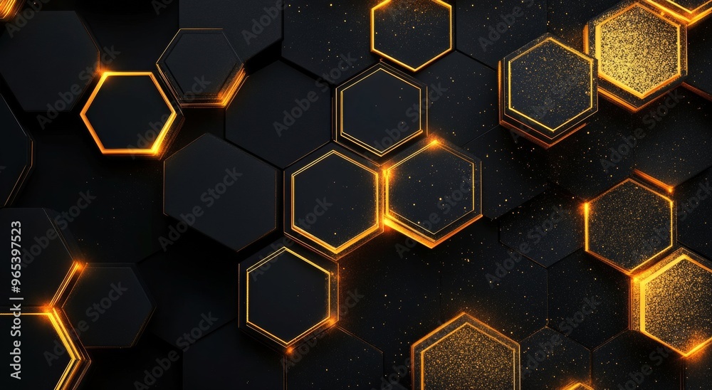Abstract background with golden geometric hexagon shapes and glitter on a black background Abstract background with golden geometric hexagon shapes and glitter on a black background