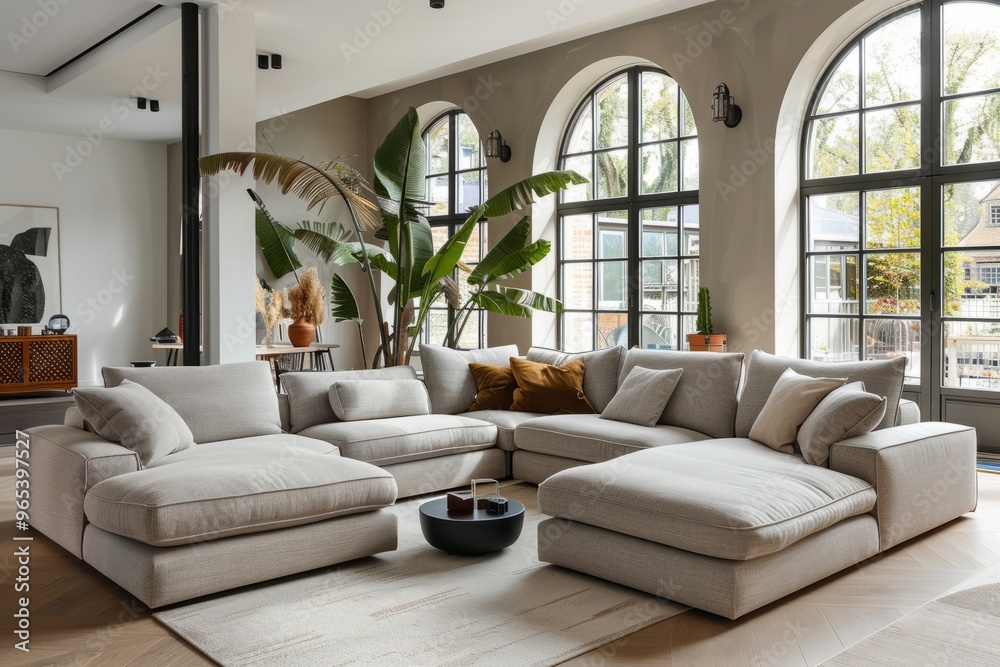 odern modular corner sofa in a spacious living room, with neutral colors and soft lighting! Scandinavian loft minimalist furniture, modular tufted sofa. odern modular corner sofa in a spacious living room, with neutral colors and soft lighting! Scandinavian loft minimalist furniture, modular tufted sofa.