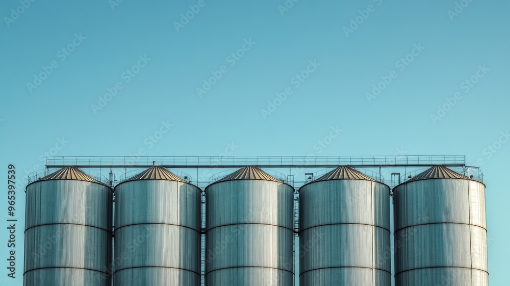 An industrial grain silo under a clear blue sky highlighting its massive scale An industrial grain silo under a clear blue sky highlighting its massive scale