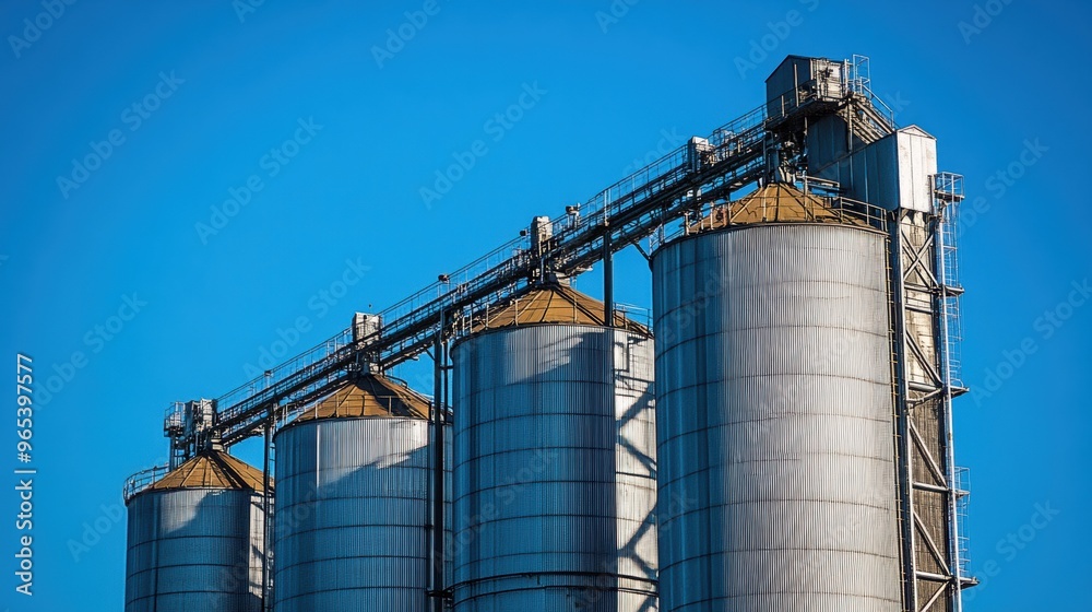 An industrial grain silo under a clear blue sky highlighting its massive scale An industrial grain silo under a clear blue sky highlighting its massive scale