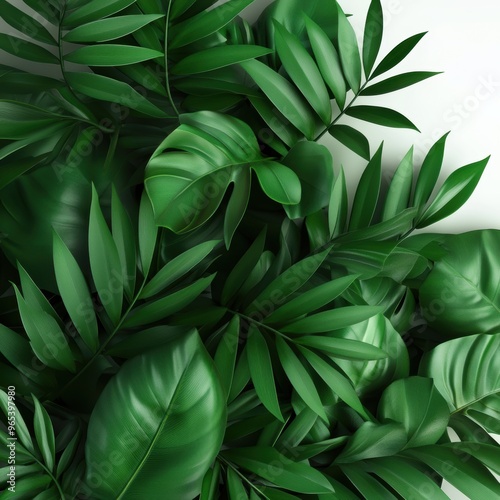 A close-up of overlapping jungle leaves with shadows