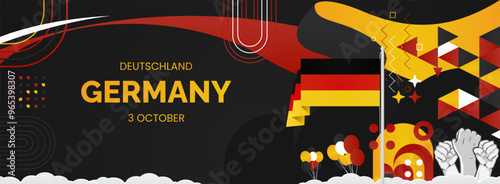 Happy Germany Unity Day or Deutschland. Modern abstract shape with raised hand and typography to celebrate national holidays in Germany flag colors. Suitable for poster, banners and greeting cards.