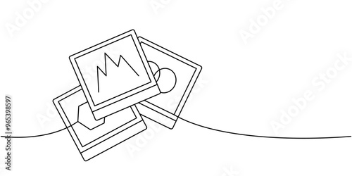 Empty photo frames one line continuous drawing. Vector linear illustration.