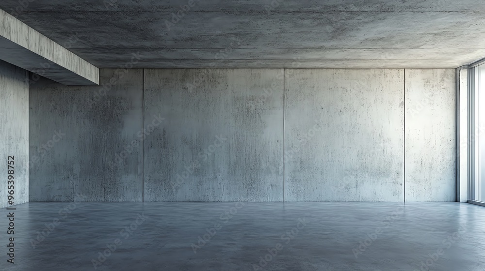 Spacious modern interior with concrete walls and floor, perfect for showcasing minimalist design and architectural concepts.