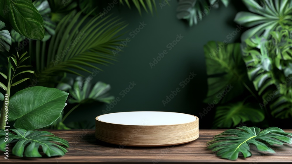 A minimalistic podium mockup rests on a wooden surface, encircled by lush tropical leaves against a deep green backdrop, perfect for showcasing products creatively A minimalistic podium mockup rests on a wooden surface, encircled by lush tropical leaves against a deep green backdrop, perfect for showcasing products creatively