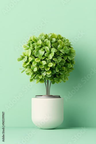 Nature-inspired minimalist of a green plant in a white pot on a solid green backdrop, ideal for modern home design, fresh greenery decor, and botanical styling with a clean and simple aesthetics.