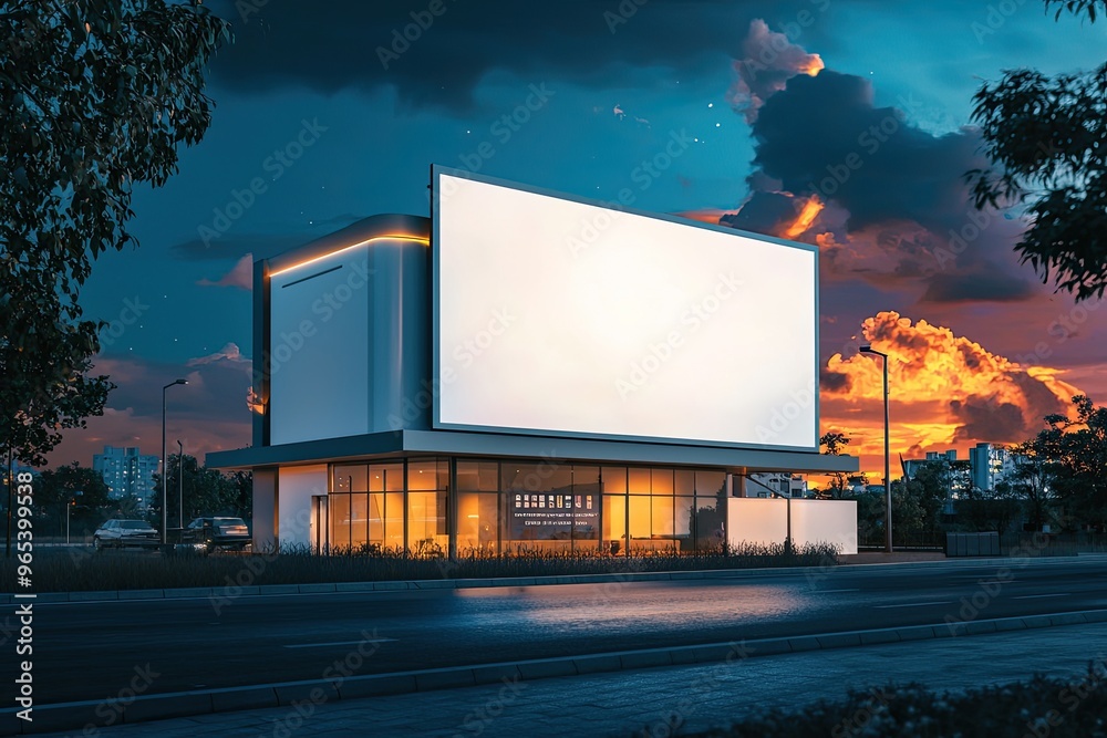 Blank white billboard on city street at night. Mock up