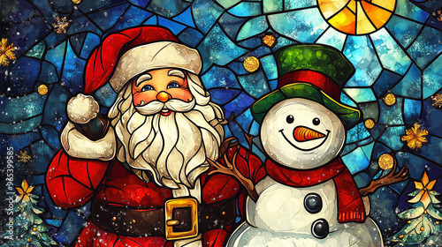 Stained Glass Christmas Santa and Snowman Background