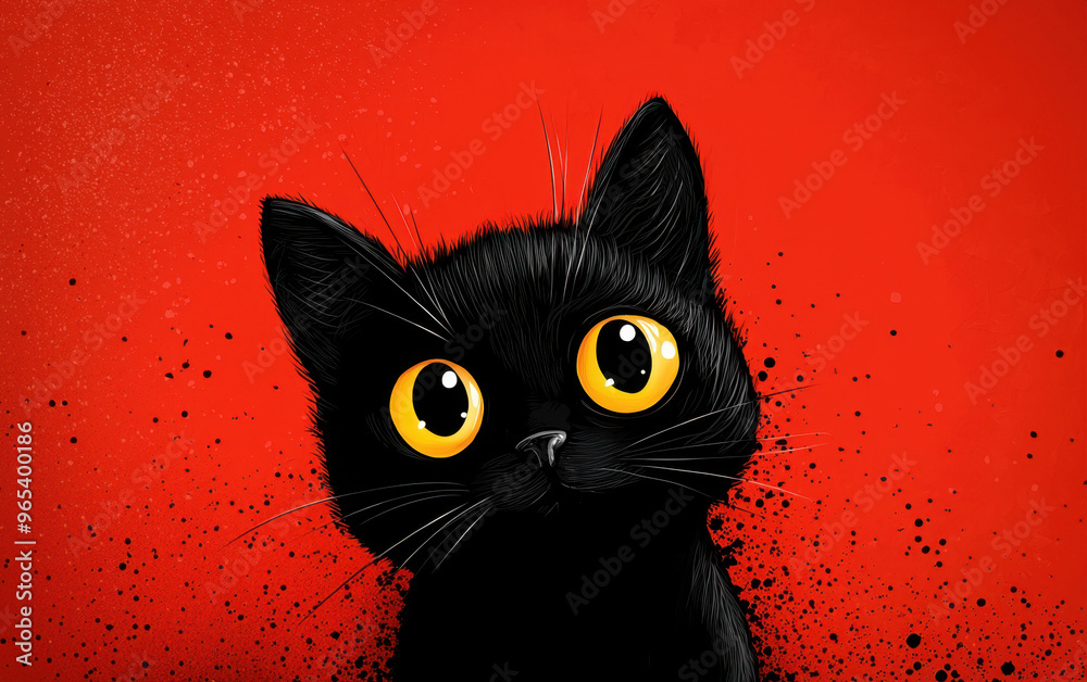 Adorable black kitty with big yellow eyes against a vibrant red background. Perfect for cat lovers and art enthusiasts. Adorable black kitty with big yellow eyes against a vibrant red background. Perfect for cat lovers and art enthusiasts.