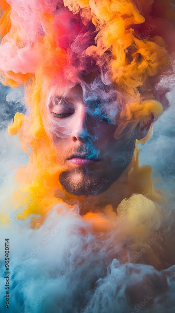 A Man's Face Surrounded by Colorful Smoke A Man's Face Surrounded by Colorful Smoke