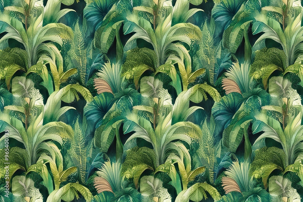 Obraz premium Detailed Watercolor Design of Lush Rainforest Wallpaper Composition