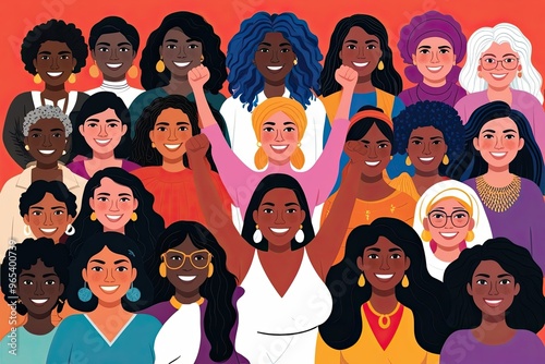 Vibrant Illustration of Empowerment and Unity among Diverse Women Celebrating Gender Equality