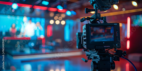 Colorful Video Camera in Studio with Lights and Active Screen