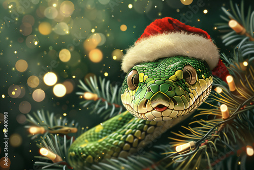 Christmas snake, symbol of the year, wearing santa hat on christmas tree lights background. 2025 is lunar year of green wooden snake. Chinese Happy New Year and Merry Christmas banner with copy space.