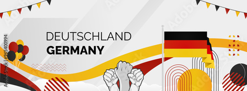 Happy Germany Unity Day or Deutschland. Modern abstract shape with raised hand and typography to celebrate national holidays in Germany flag colors. Suitable for poster, banners and greeting cards.