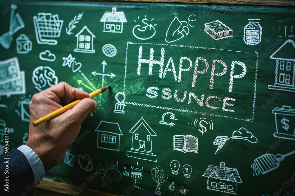 close-up of a hand holding chalk drawing a happiness formula on a green blackboard filled with symbols of money, home, and success. close-up of a hand holding chalk drawing a happiness formula on a green blackboard filled with symbols of money, home, and success.