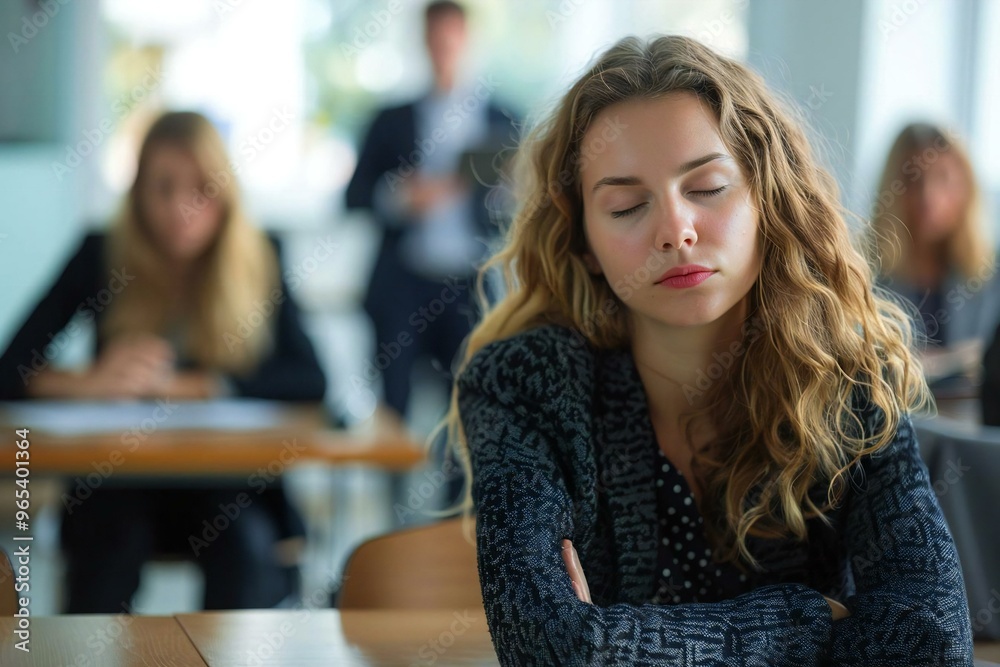 photo capturing the contrast between a bored businesswoman sleeping in a meeting and her colleague energetically presenting in the background. photo capturing the contrast between a bored businesswoman sleeping in a meeting and her colleague energetically presenting in the background.