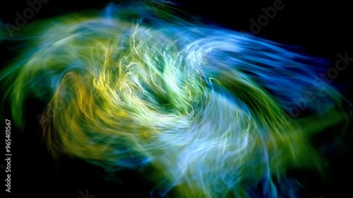Vivid swirling lights, abstract motion, blue and green hues, dynamic patterns, ethereal glow, artistic background, movement concept