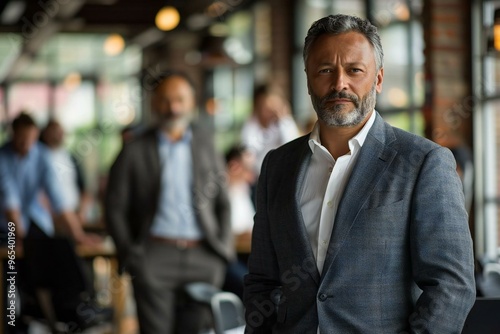 powerful and confident businessman standing in front of his colleagues in a modern office setting, exuding leadership and dominance.