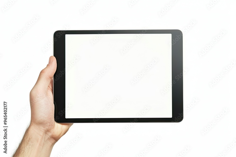 Close-up of male hands holding tablet pc with blank screen isolated on white background Close-up of male hands holding tablet pc with blank screen isolated on white background