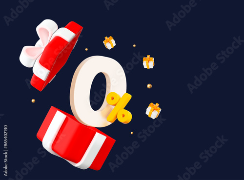 3d open red gift box zero percent and flying present with golden ball.  Stock vector illustration on isolated background.