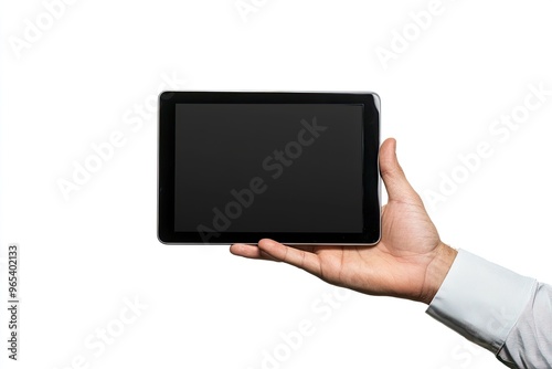 Close-up of male hands holding tablet pc with blank screen isolated on white background