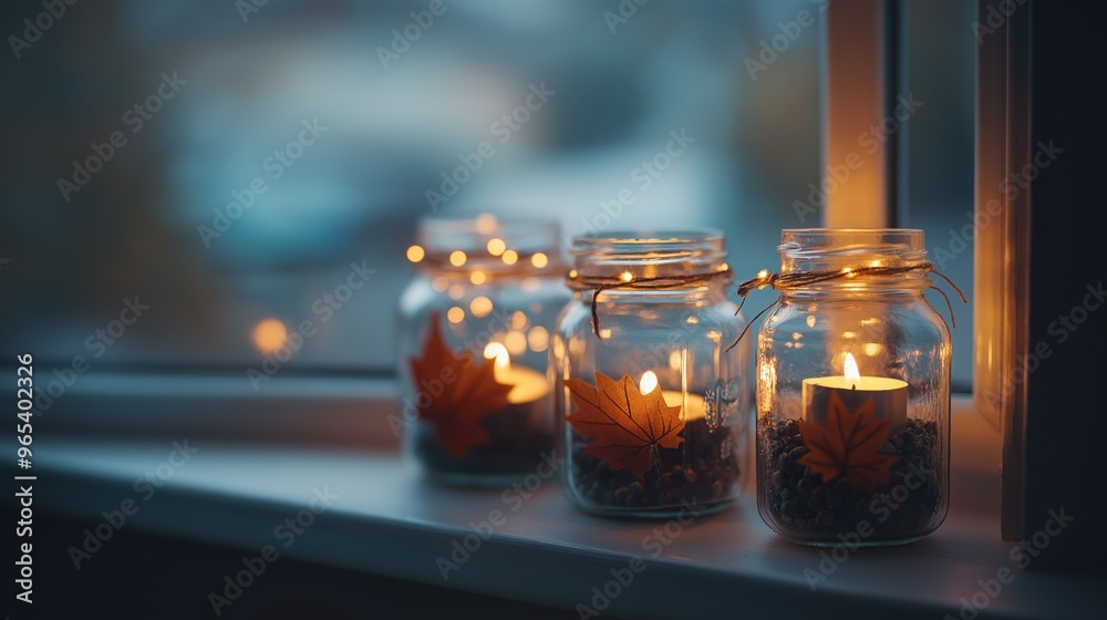 Naklejka premium Cozy mason jar lanterns filled with tea lights and fall leaves glowing softly on a windowsill in autumn