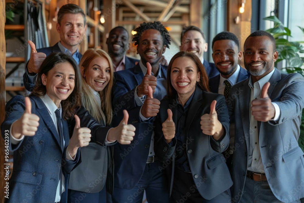 diverse group of businesspeople standing in an office setting, excited and happy, gesturing thumbs up signs. diverse group of businesspeople standing in an office setting, excited and happy, gesturing thumbs up signs.