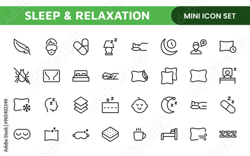 Sleep and Relaxation Icon Collection: Perfect for Wellness Apps, Meditation Tools, Sleep Aids, Stress Relief Techniques, and Calm Living Spaces.