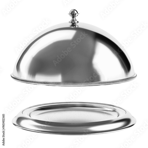 Silver serving cloche raised above empty plate, cut out photo