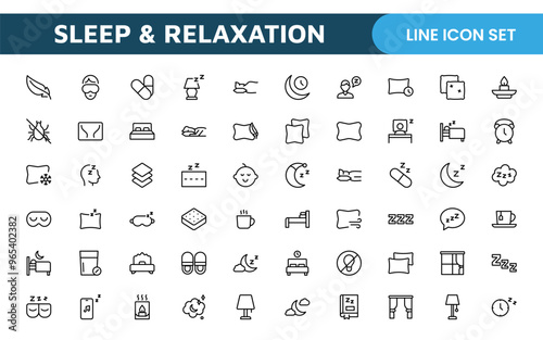 Sleep and Relaxation Icon Collection: Perfect for Wellness Apps, Meditation Tools, Sleep Aids, Stress Relief Techniques, and Calm Living Spaces.