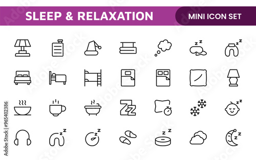 Sleep and Relaxation Icon Collection: Perfect for Wellness Apps, Meditation Tools, Sleep Aids, Stress Relief Techniques, and Calm Living Spaces.