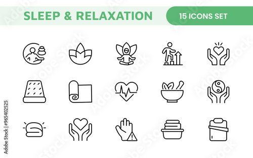Sleep and Relaxation Icon Collection: Perfect for Wellness Apps, Meditation Tools, Sleep Aids, Stress Relief Techniques, and Calm Living Spaces.