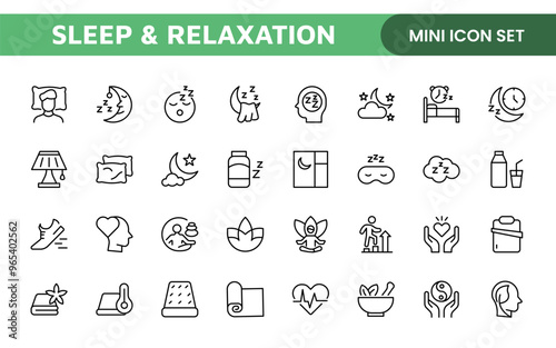Sleep and Relaxation Icon Collection: Perfect for Wellness Apps, Meditation Tools, Sleep Aids, Stress Relief Techniques, and Calm Living Spaces.