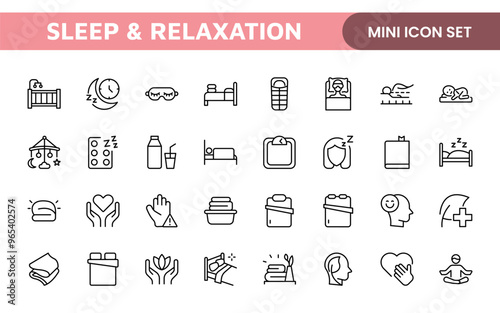 Sleep and Relaxation Icon Collection: Perfect for Wellness Apps, Meditation Tools, Sleep Aids, Stress Relief Techniques, and Calm Living Spaces.
