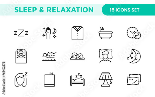 Sleep and Relaxation Icon Collection: Perfect for Wellness Apps, Meditation Tools, Sleep Aids, Stress Relief Techniques, and Calm Living Spaces.