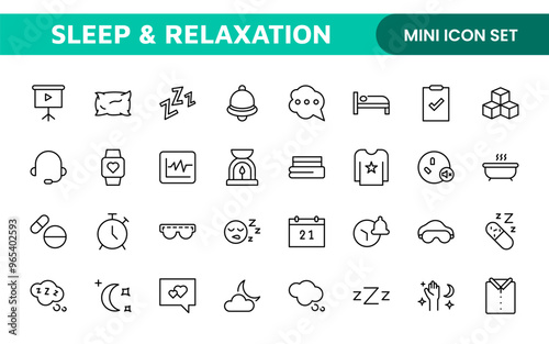 Sleep and Relaxation Icon Collection: Perfect for Wellness Apps, Meditation Tools, Sleep Aids, Stress Relief Techniques, and Calm Living Spaces.