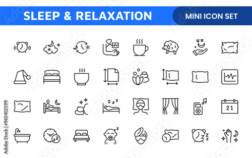 Sleep and Relaxation Icon Collection: Perfect for Wellness Apps, Meditation Tools, Sleep Aids, Stress Relief Techniques, and Calm Living Spaces.